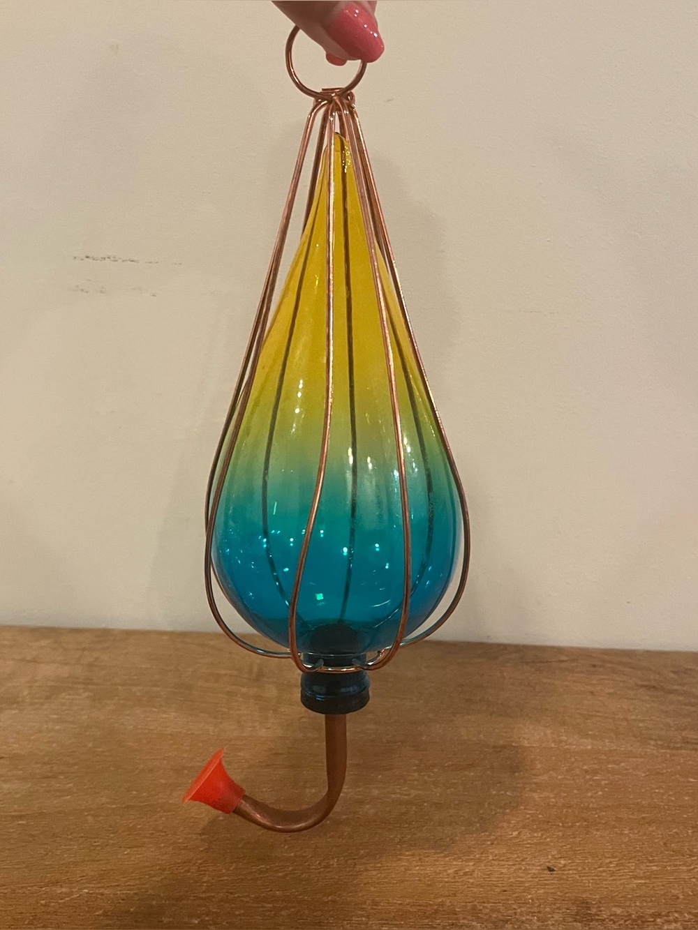 Ombre Art Glass Hummingbird Feeder Teal Yellow Copper Hanging Garden Decor